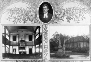 Bild vergr&ouml;&szlig;ern: Die oben gezeigte Aufnahme von Kirche und h&ouml;lzernem Kirchturm fand auch Verwendung in einem um 1900 entstandenen Gedenkblatt mit einer Innenansicht und dem Foto des damaligen Pastors.