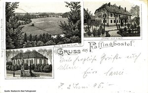 Bild vergr&ouml;&szlig;ern: Am 2. Juni 1895 wurde der "Gruss aus Fallingbostel" verschickt. Rechts unten ist die Kirche noch ohne den steinernen Glockenturm so abgebildet, wie sie August Freudenthal kannte.