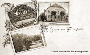 Bild vergr&ouml;&szlig;ern: Mit dem Haus des Lieth-Clubs, Ohlands Hotel und der B&ouml;hme als Motive lie&szlig; sich um 1910 aus Fallingbostel gr&uuml;&szlig;en.