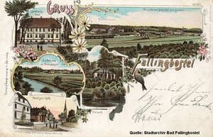 Bild vergr&ouml;&szlig;ern: Die Postkarte montiert Motive aus Fallingbostel um 1900.