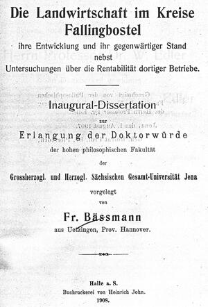 Bild vergrößern: Titelseite von Friedrich Bässmanns 1908 erschienener Dissertation über "Die Landwirtschaft im Kreise Fallingbostel"