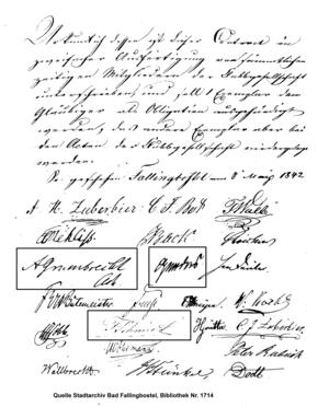 Bild vergrößern: Schriftstück des Lieth-Clubs, das die Mitglieder 1842 unterzeichneten - darunter August Grumbrecht, Quintus-Icilius und Friedrich Schmidt