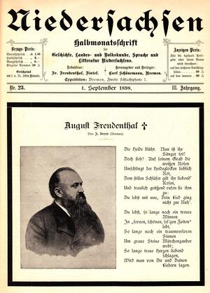 Bild vergrößern: Die von August Freudenthal mit seinem Bruder Friedrich gegründete Zeitschrift "Niedersachsen" gedenkt auf dem Titelblatt seines Todes