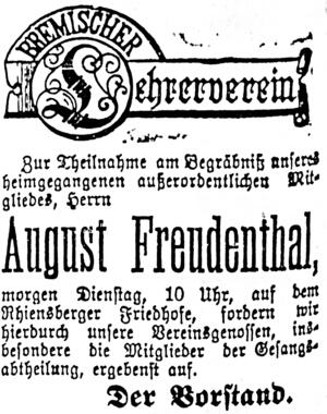 Bild vergrößern: Todesanzeige des Bremischen Lehrervereins, dessen außerordentliches Mitglied August Freudenthal gewesen war